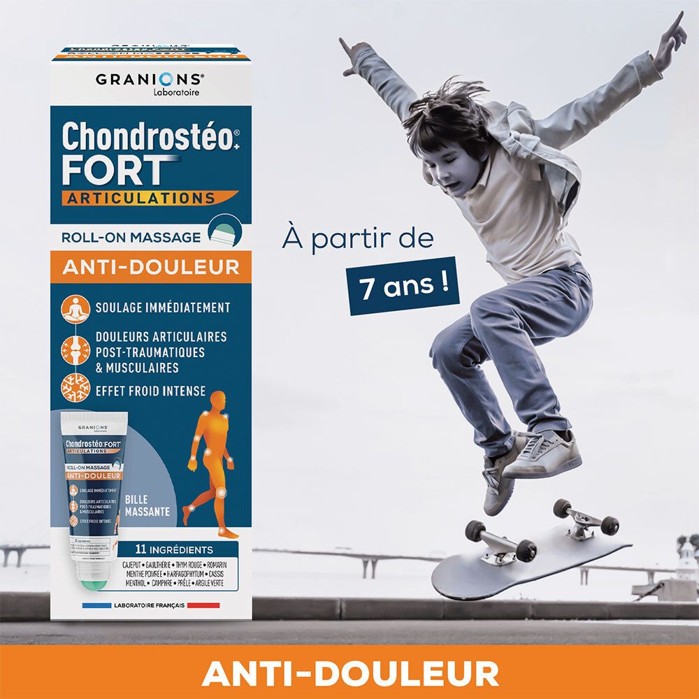 Tube à côté d'un enfant sur un skateboard. Inscription: Chondrostéo Fort Articulations, Roll-on Massage Anti-Douleur. À partir de 7 ans!