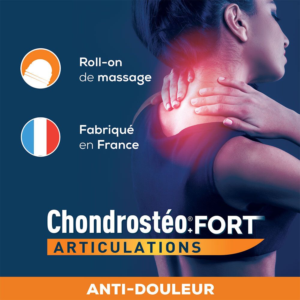 Tube et mains sur la nuque. Inscription: Chondrostéo Fort Articulations, Roll-on Massage Anti-Douleur. Fabriqué en France.