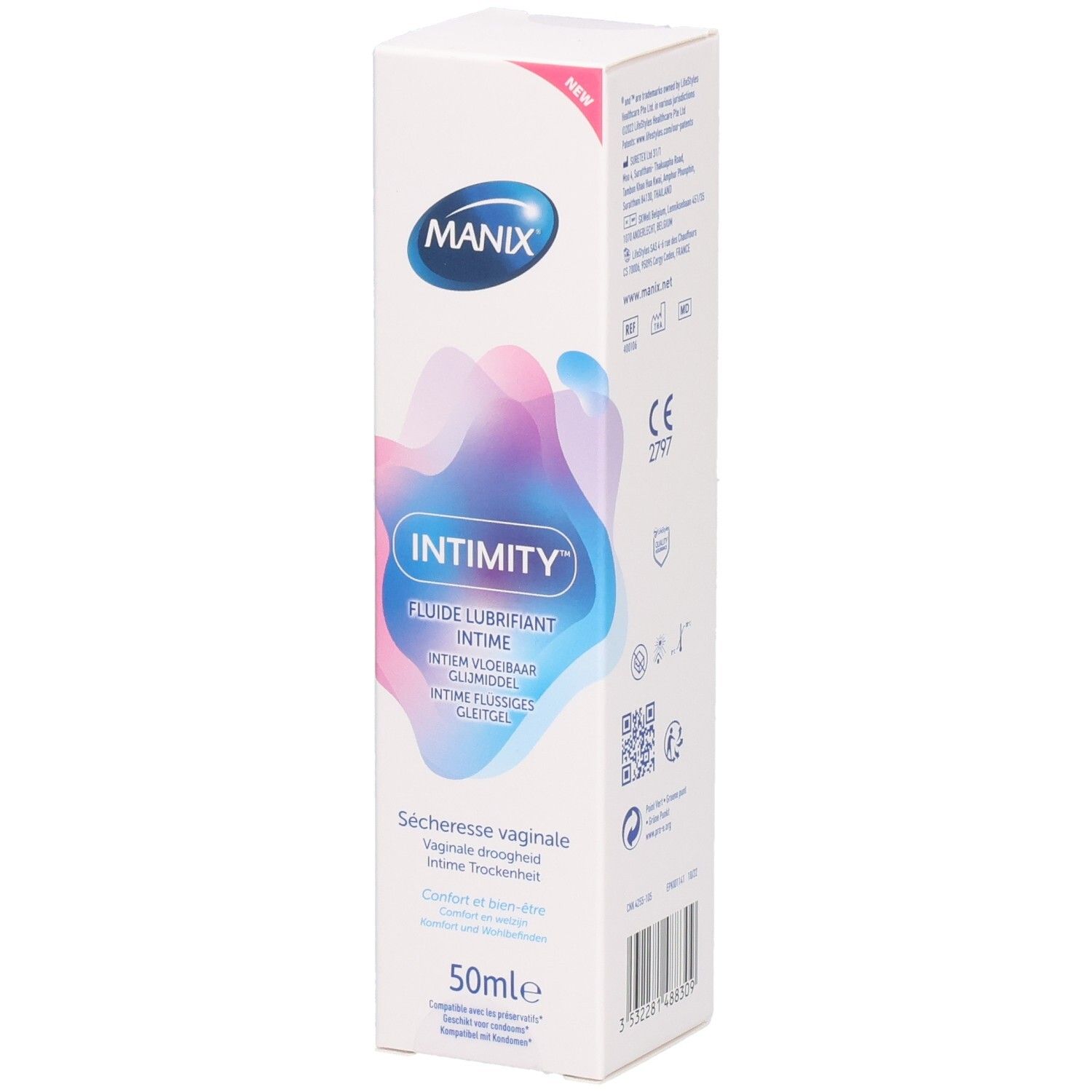 Boîte blanche. Logo MANIX et INTIMITY. Désignation: Fluide lubrifiant intime. 50ml. Pour sécheresse vaginale.