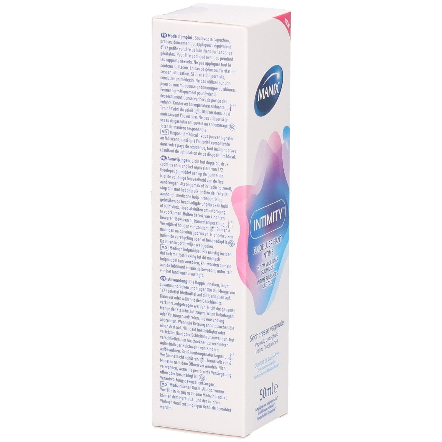 Boîte blanche avec texte. Logo MANIX. Texte multilingue. Pour sécheresse vaginale. 50ml. Marquage CE.