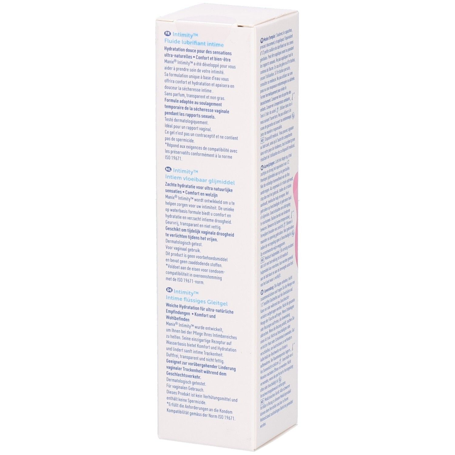Boîte blanche avec texte. Texte multilingue. Pour sécheresse vaginale. 50ml. Marquage CE. Code QR.