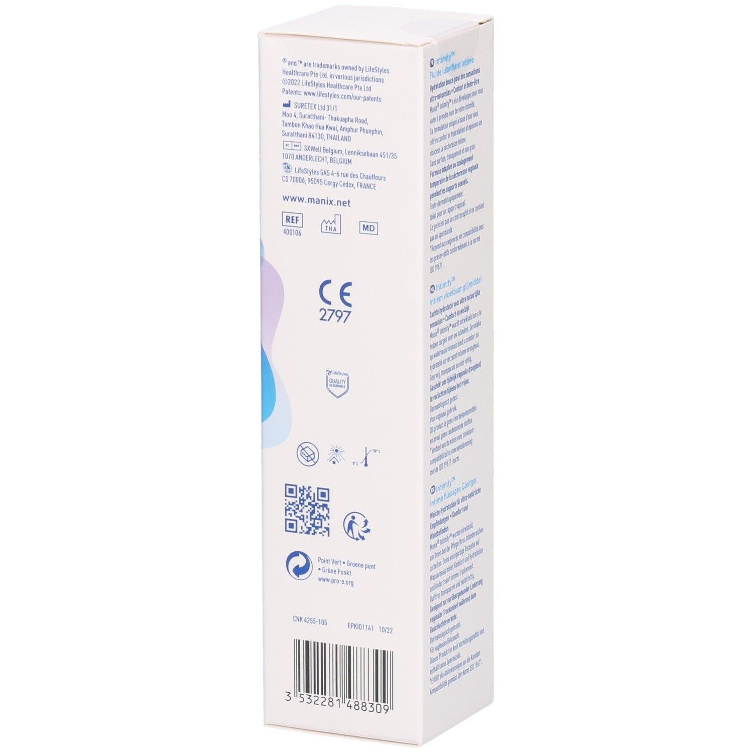 Boîte blanche. Logo MANIX et INTIMITY. Désignation: Fluide lubrifiant intime. Marquage CE. Code QR.