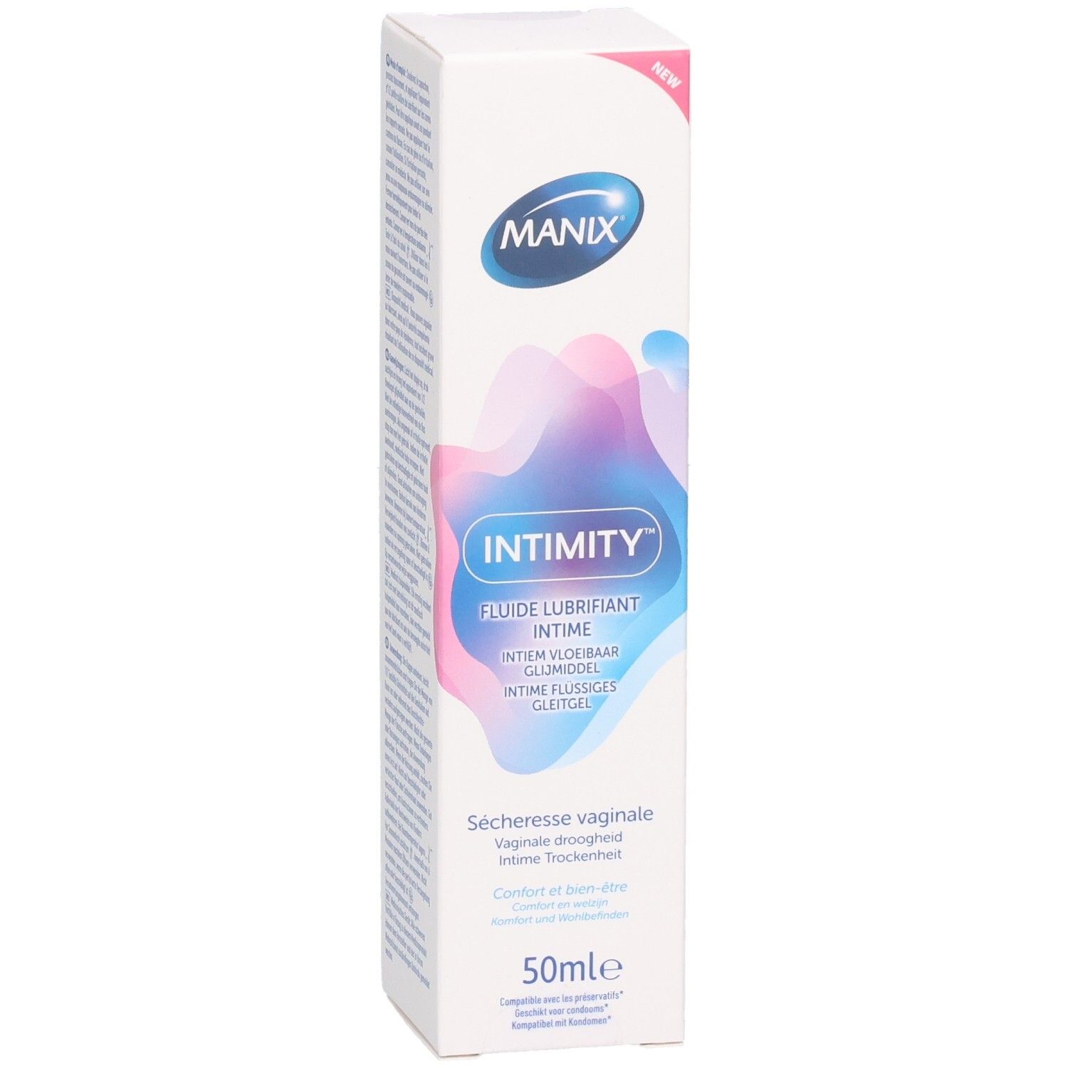 Boîte blanche. Logo MANIX et INTIMITY. Désignation: Fluide lubrifiant intime. 50ml. Pour sécheresse vaginale.