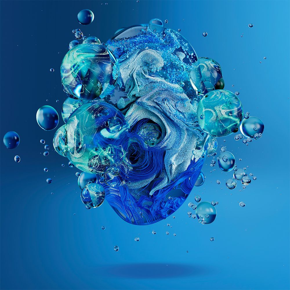 Une composition abstraite, bleue et sphérique avec des bulles.