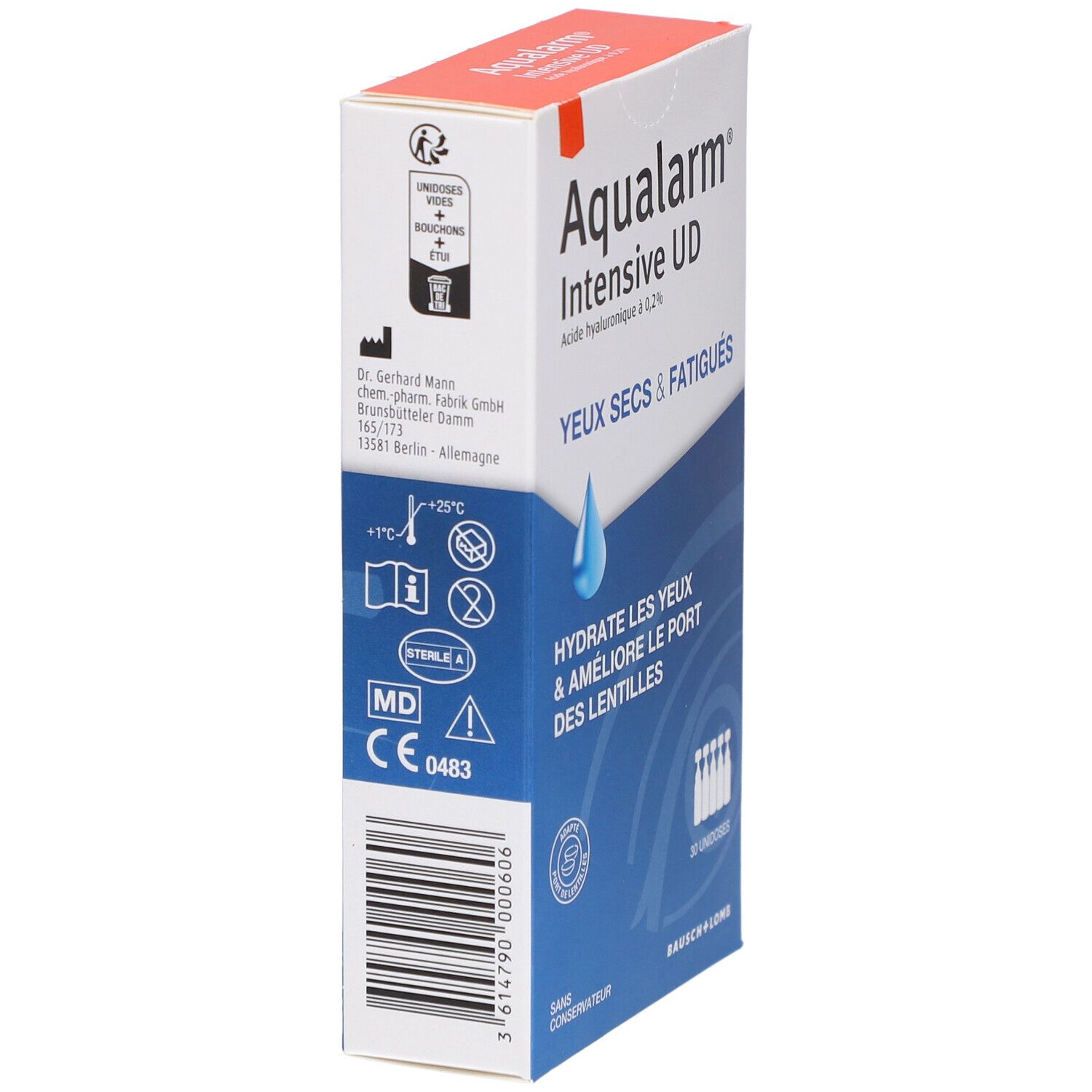 Boîte Aqualarm Intensive UD. Contient 30 unidoses. Inscription : Yeux secs & fatigués. Avec marquage CE.