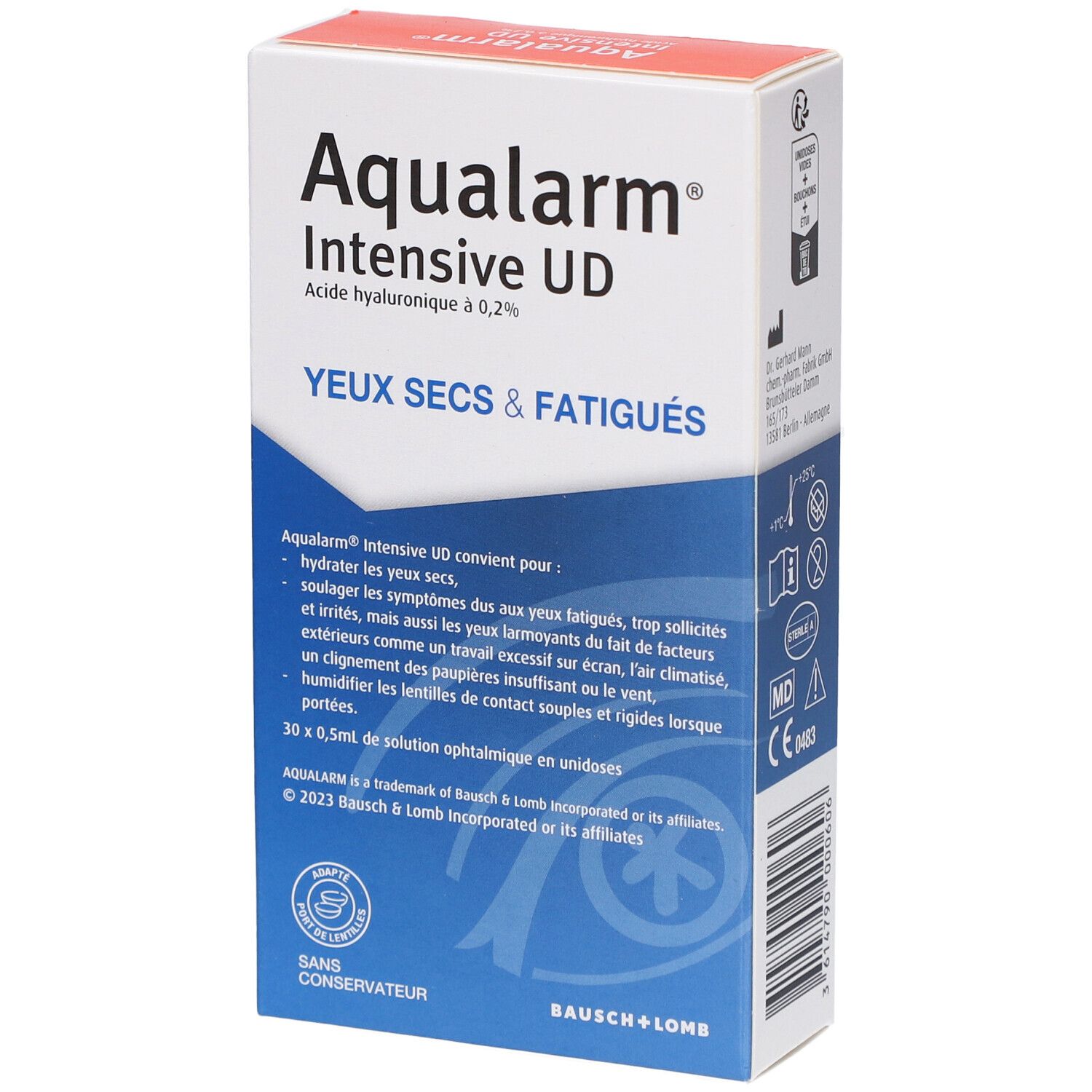 Boîte Aqualarm Intensive UD. Contient 30 unidoses. Inscription : Yeux secs & fatigués. Texte sur l'utilisation.