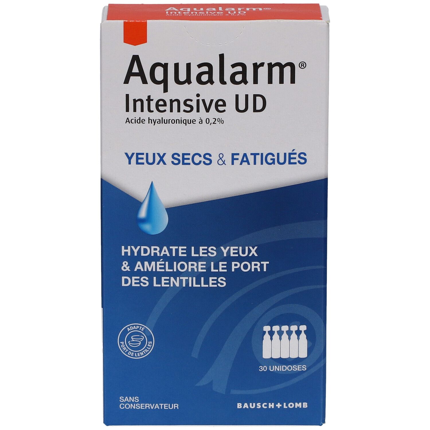 Boîte Aqualarm Intensive UD. Contient 30 unidoses. Inscription : Yeux secs & fatigués. Avec symbole goutte.