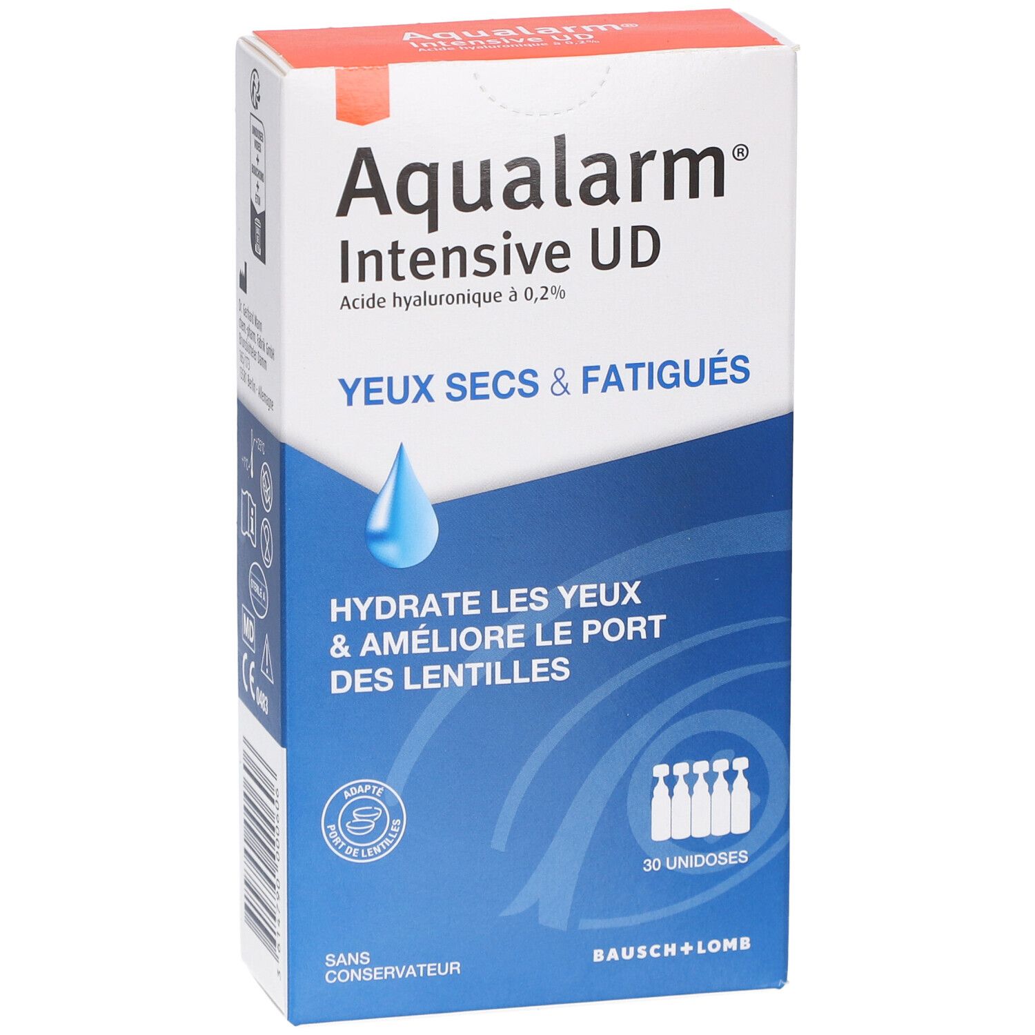 Boîte Aqualarm Intensive UD. Contient 30 unidoses. Inscription : Yeux secs & fatigués. Avec symbole goutte.