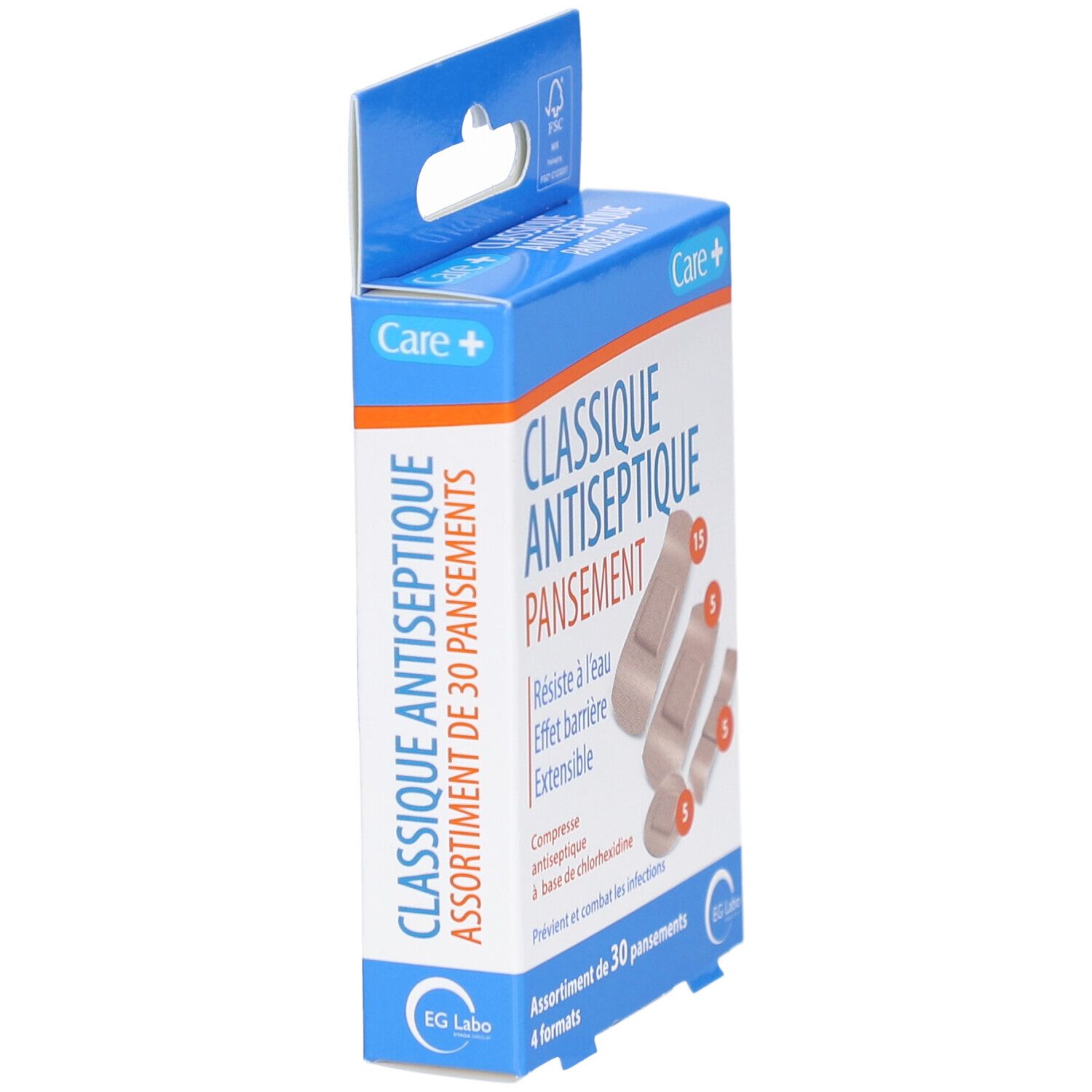 Boîte de pansements. Inscription: CLASSIQUE ANTISEPTIQUE PANSEMENT. Marque: EG Labo. Vue de côté.