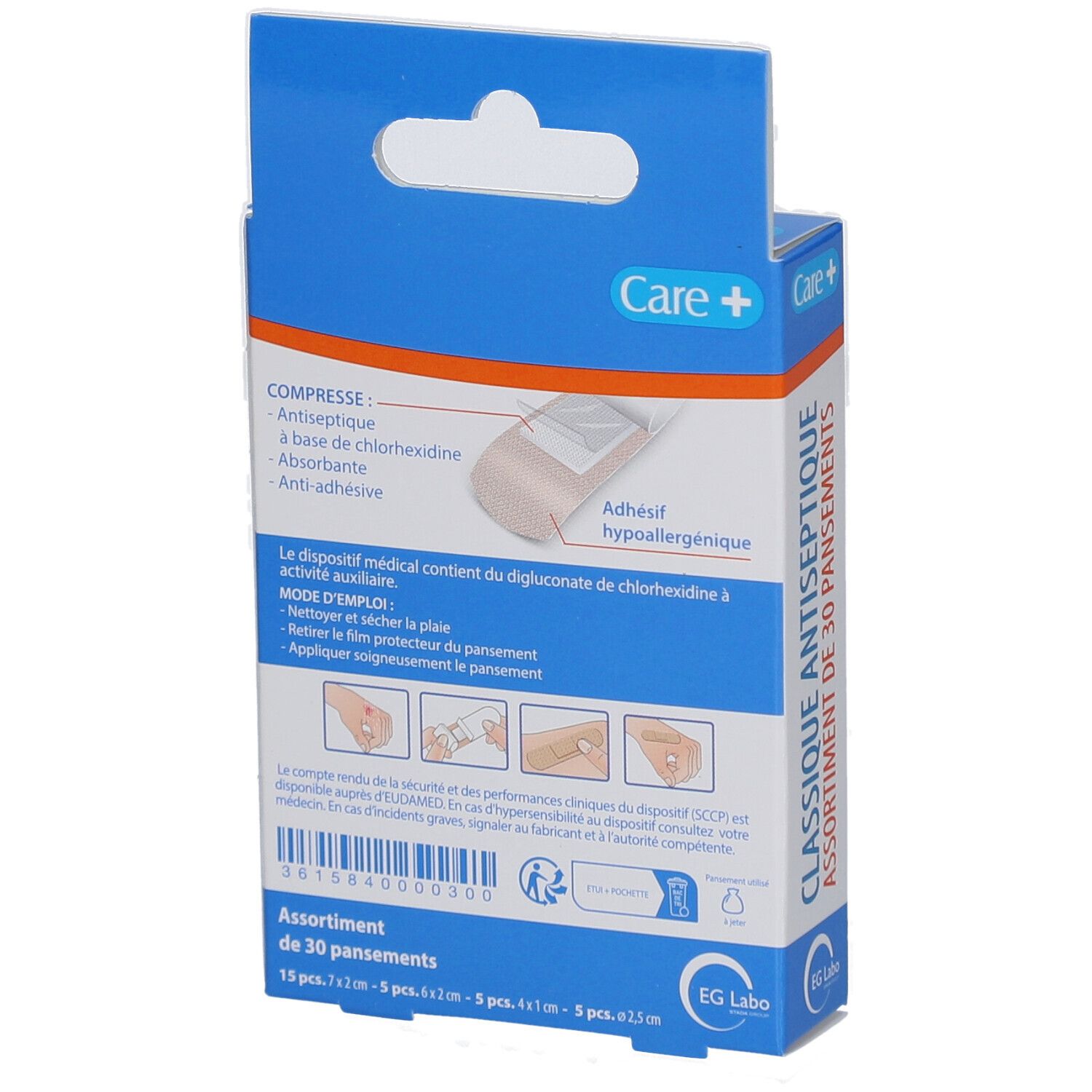 Dos de la boîte de pansements. Contient des informations sur les ingrédients et l'utilisation. Marque: EG Labo.