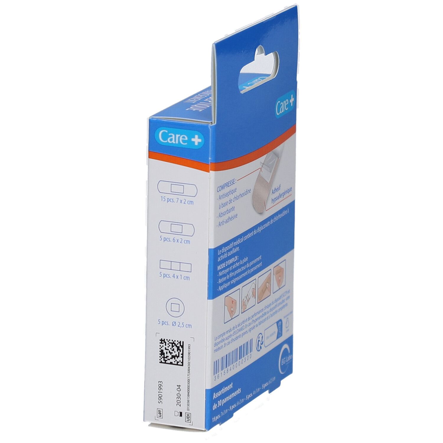Côté de la boîte de pansements. Montre les tailles et le nombre de pansements. Marque: EG Labo. Avec code QR.