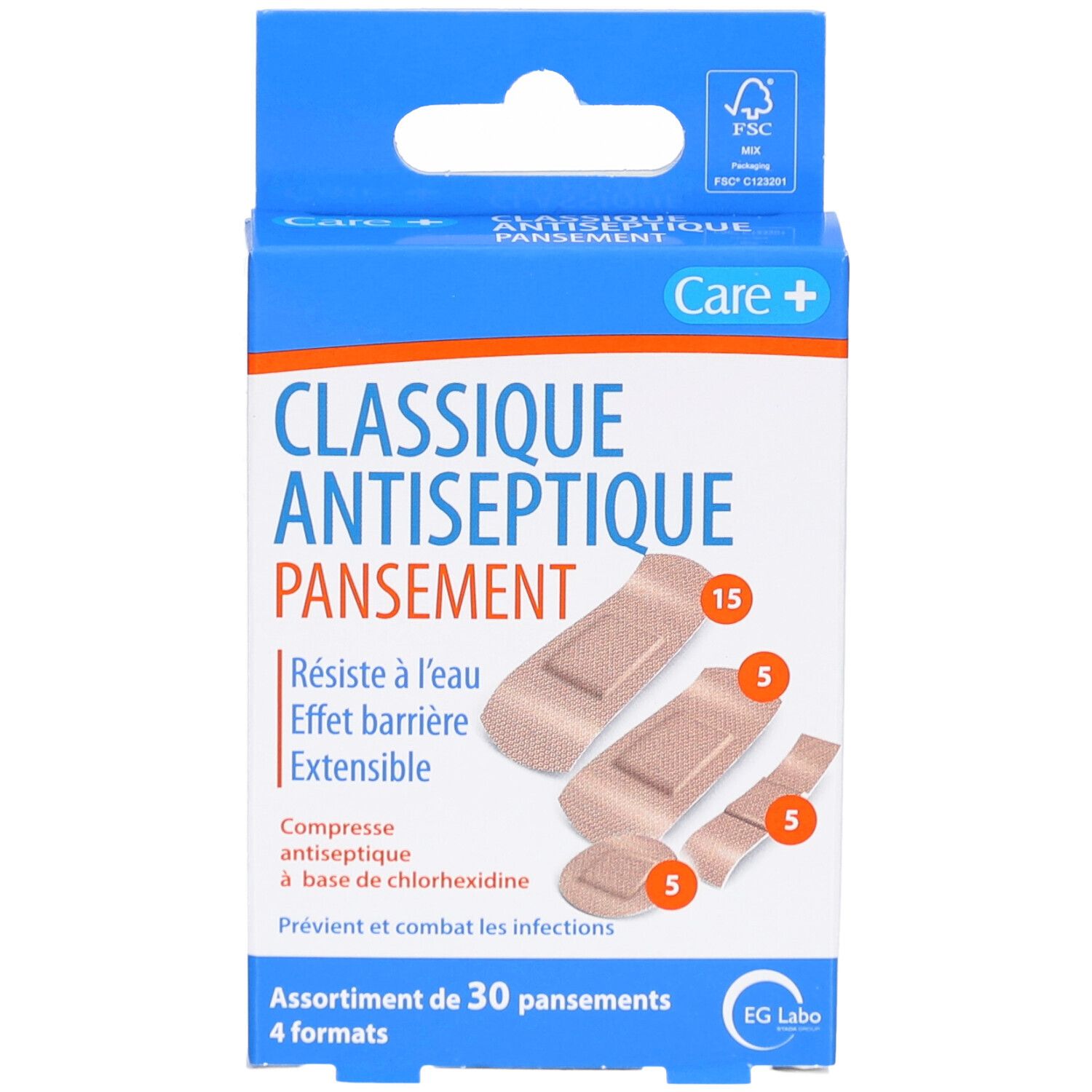 Boîte de pansements. Inscription: CLASSIQUE ANTISEPTIQUE PANSEMENT. Contient 30 pansements en 4 formats. Marque: EG Labo.