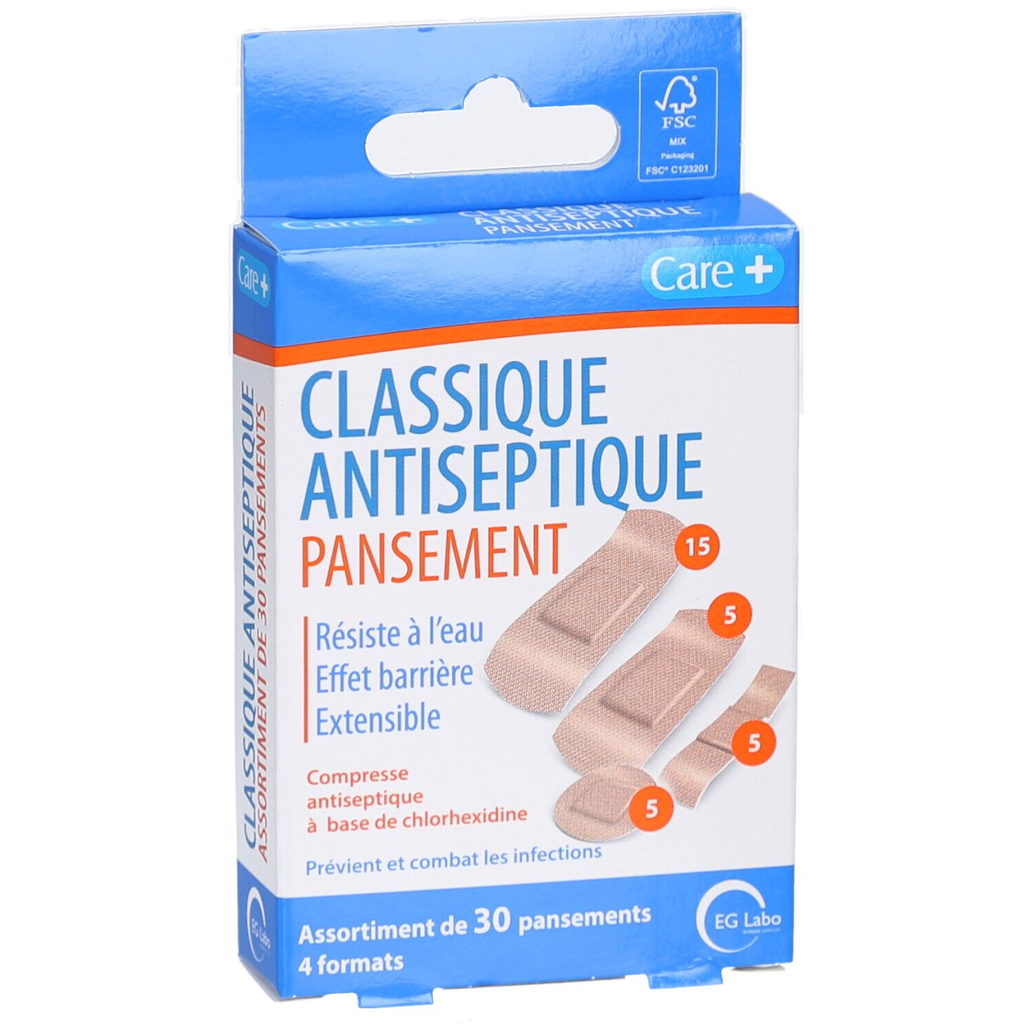 Boîte de pansements. Inscription: CLASSIQUE ANTISEPTIQUE PANSEMENT. Contient 30 pansements en 4 formats. Marque: EG Labo.