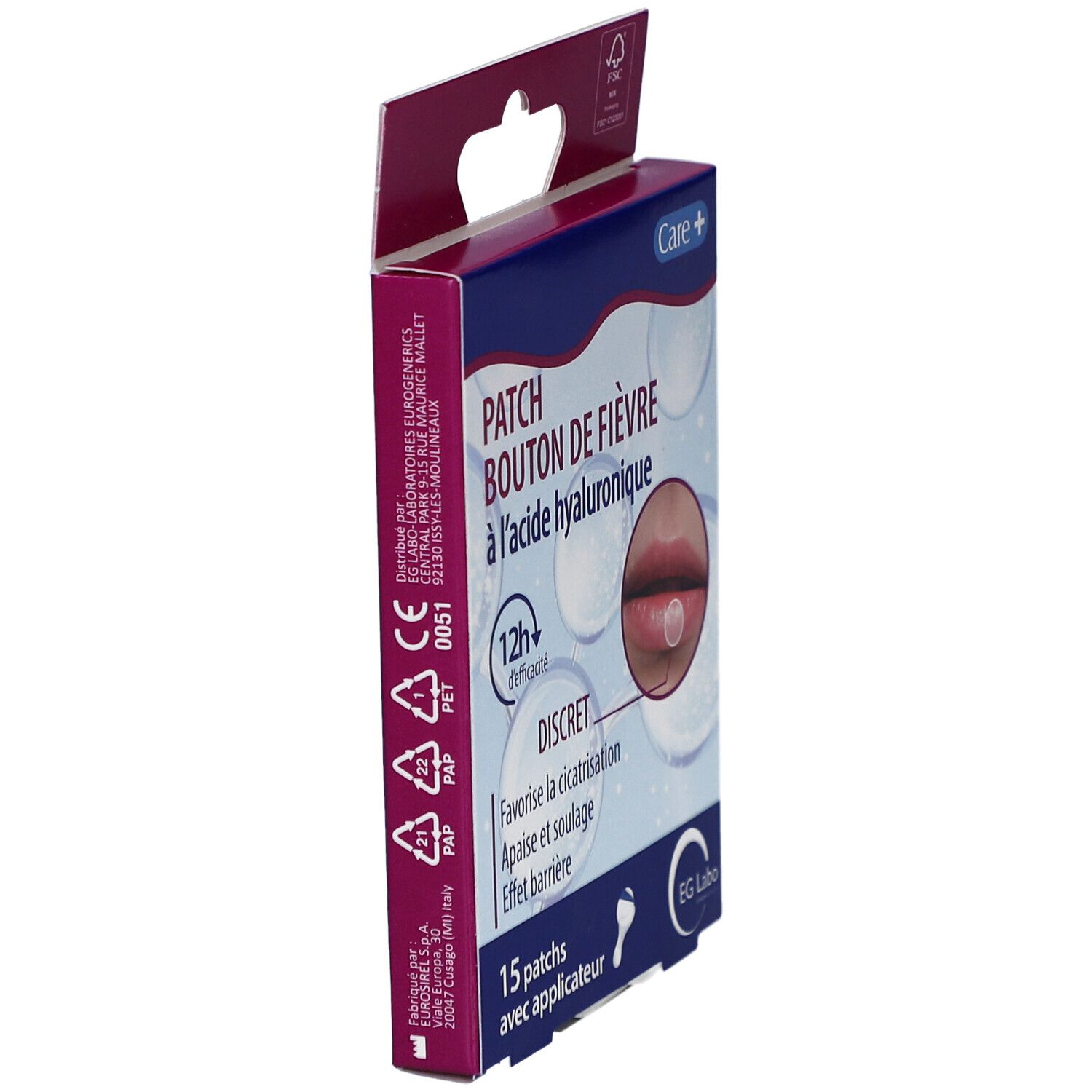 Vue latérale de la boîte de patches pour boutons de fièvre. Marque: EG Labo. Contient 15 patches. Marquage CE.
