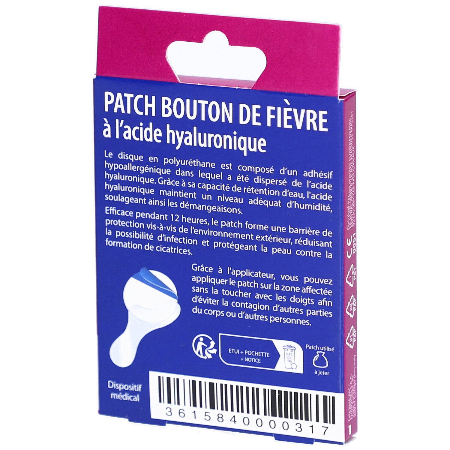 Dos de la boîte de patches pour boutons de fièvre. Contient des informations et un applicateur. Dispositif médical.