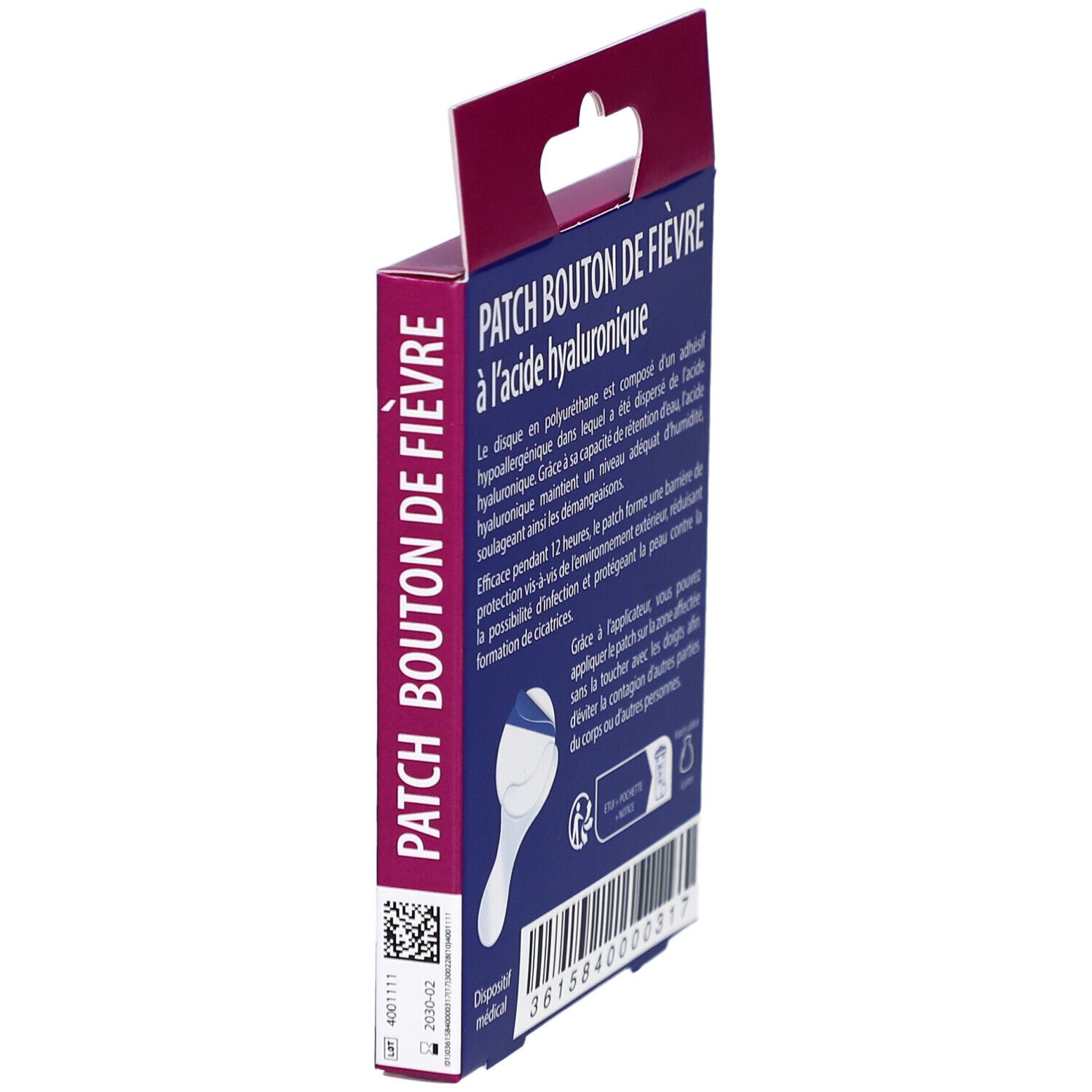 Vue latérale de la boîte de patches pour boutons de fièvre. Contient des informations. Dispositif médical.