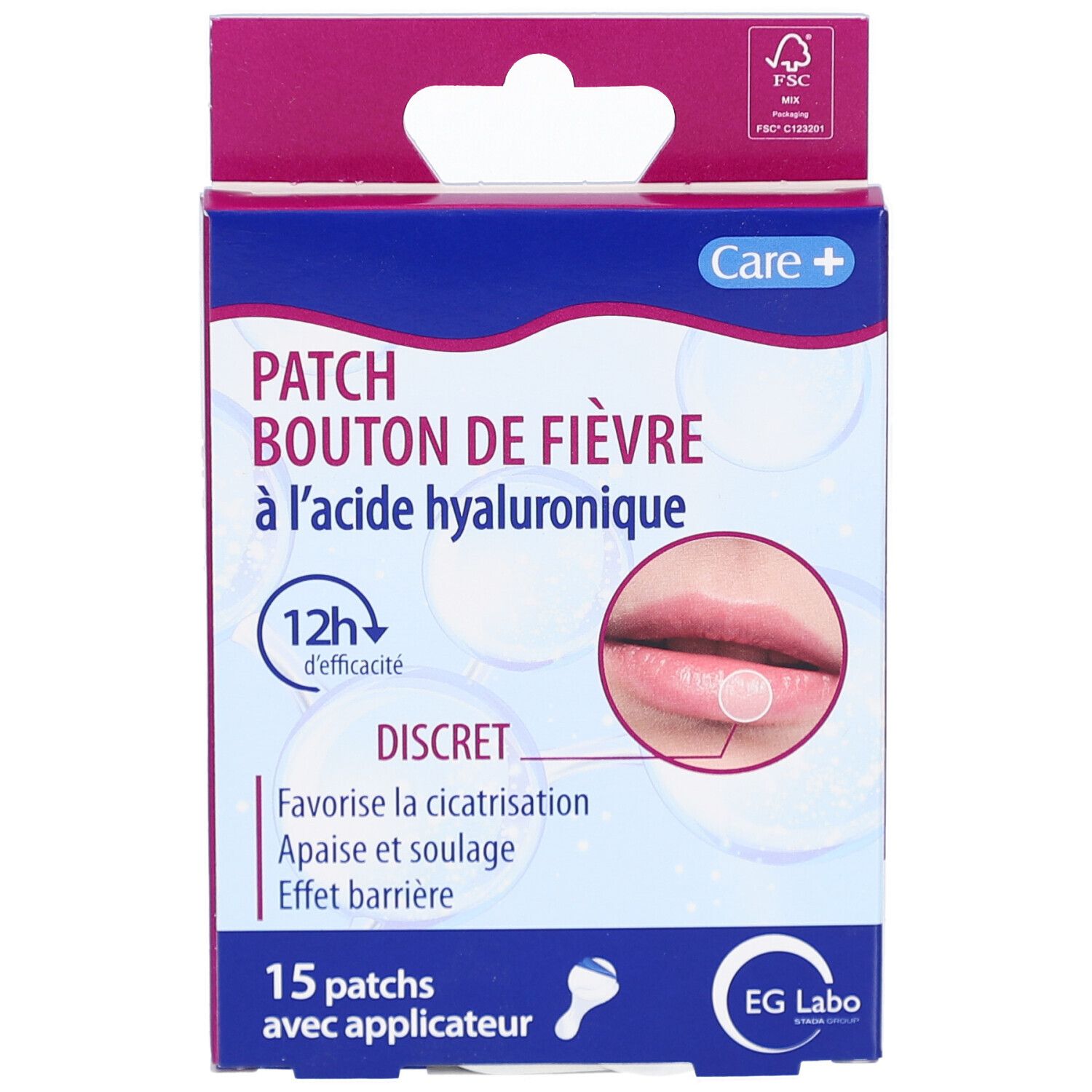 Boîte de patches pour boutons de fièvre. Contient 15 patches et un applicateur. Marque: EG Labo. Efficacité 12h.