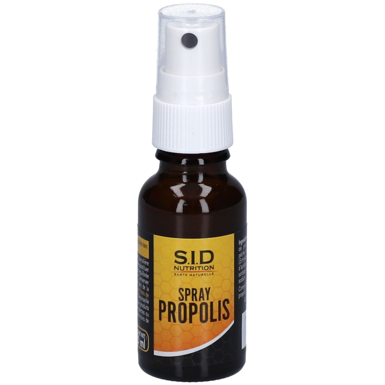 Flacon en verre brun avec vaporisateur blanc. Étiquette "S.I.D Nutrition Spray Propolis".