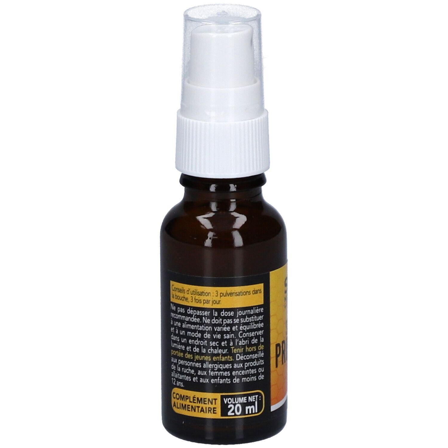 Flacon en verre brun avec vaporisateur blanc. Étiquette avec texte et "Spray Propolis".