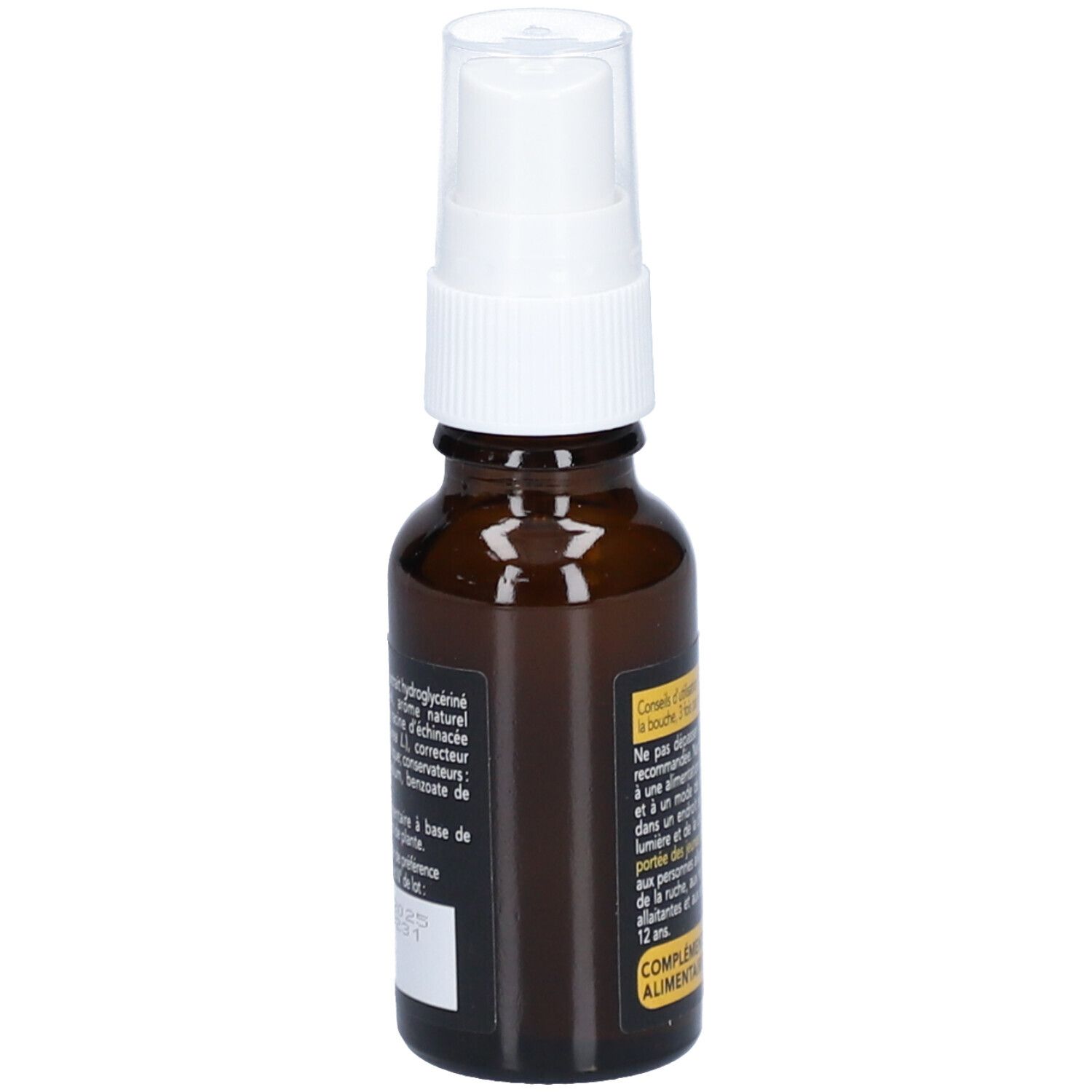 Flacon en verre brun avec vaporisateur blanc. Étiquette avec texte. Volume : 20 ml.