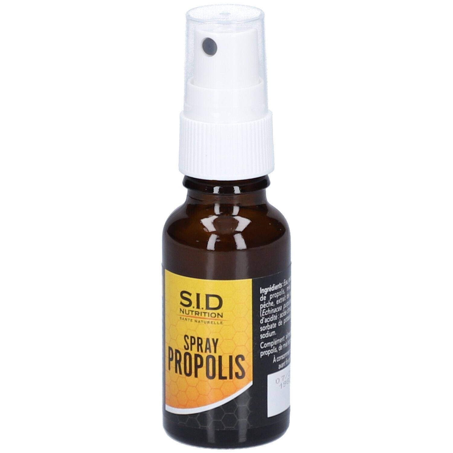 Flacon en verre brun avec vaporisateur blanc. Étiquette "S.I.D Nutrition Spray Propolis".