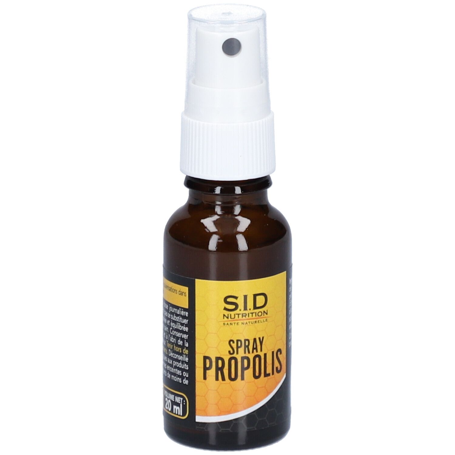 Flacon en verre brun avec vaporisateur blanc. Étiquette "S.I.D Nutrition Spray Propolis".