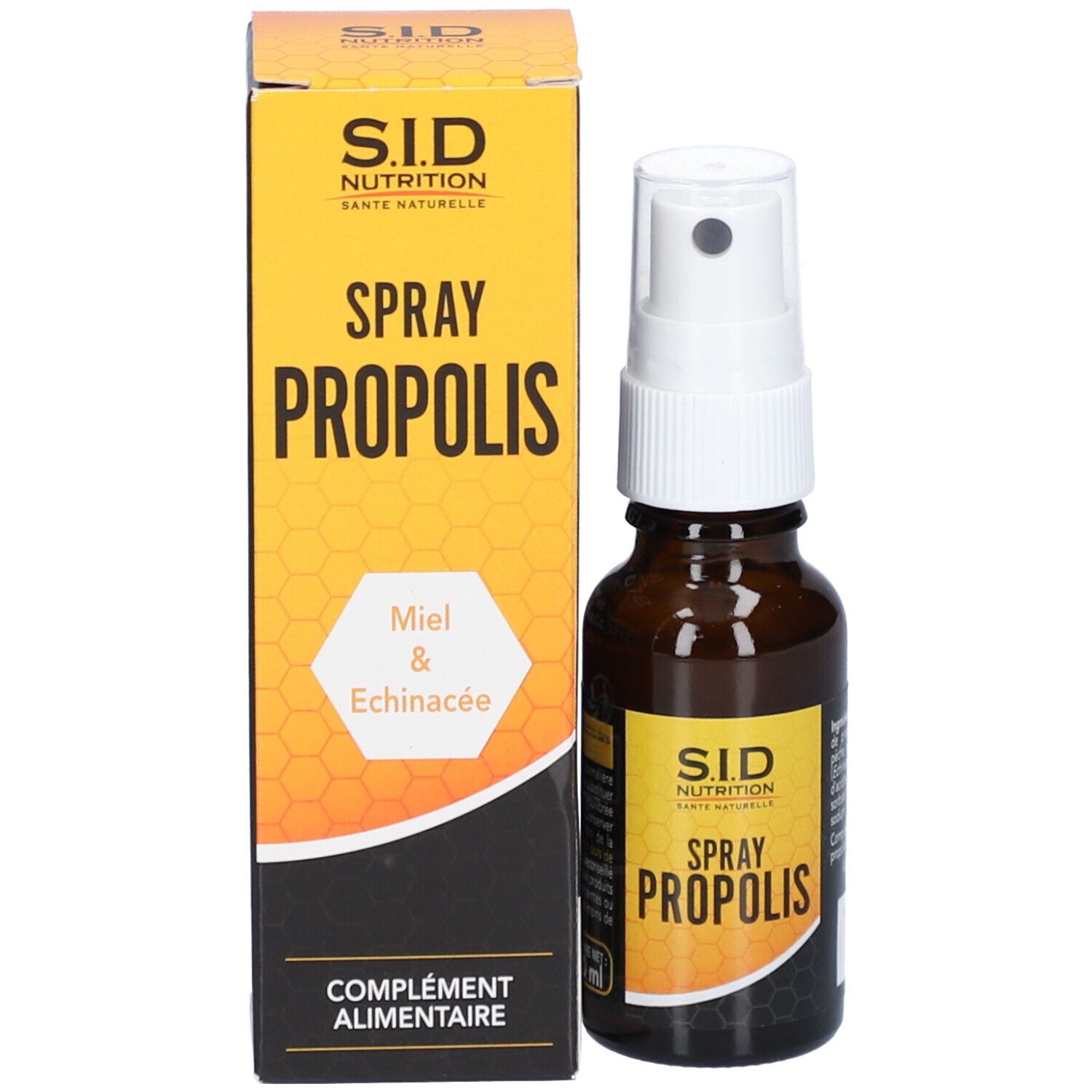 Produit et emballage. Flacon brun avec vaporisateur et boîte. Inscription : "Spray Propolis".