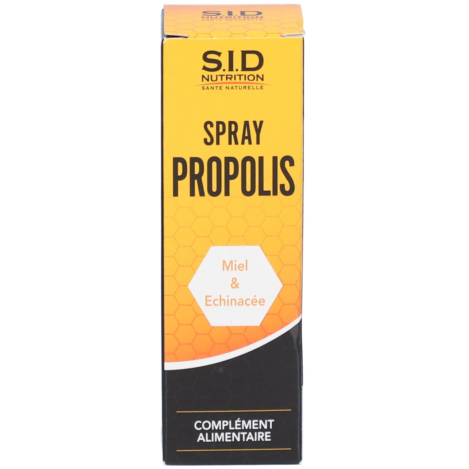 Emballage produit jaune, long. Inscription : "S.I.D Nutrition Spray Propolis".