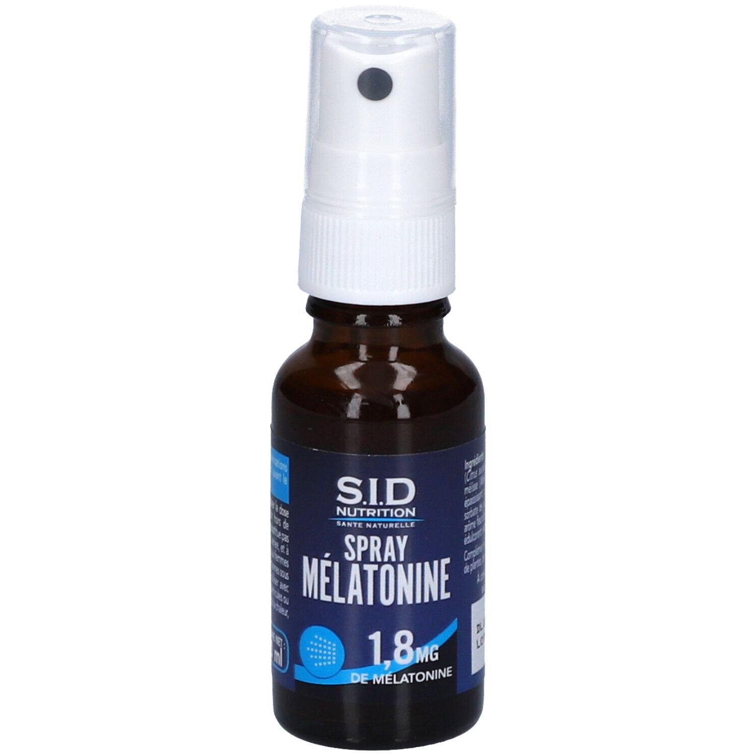 Flacon en verre brun avec vaporisateur blanc. Inscription : S.I.D. Nutrition, Spray Mélatonine, 1,8 mg de mélatonine.