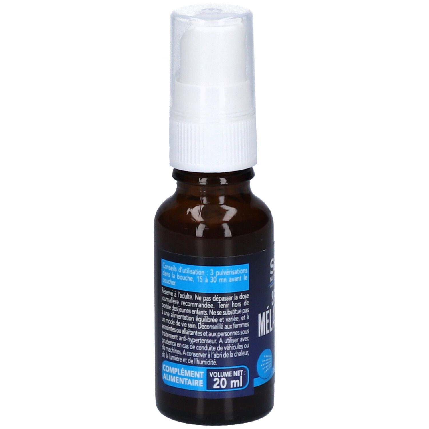 Flacon en verre brun avec vaporisateur blanc. Inscription : S.I.D. Nutrition, Spray Mélatonine, 20 ml, informations complémentaires.