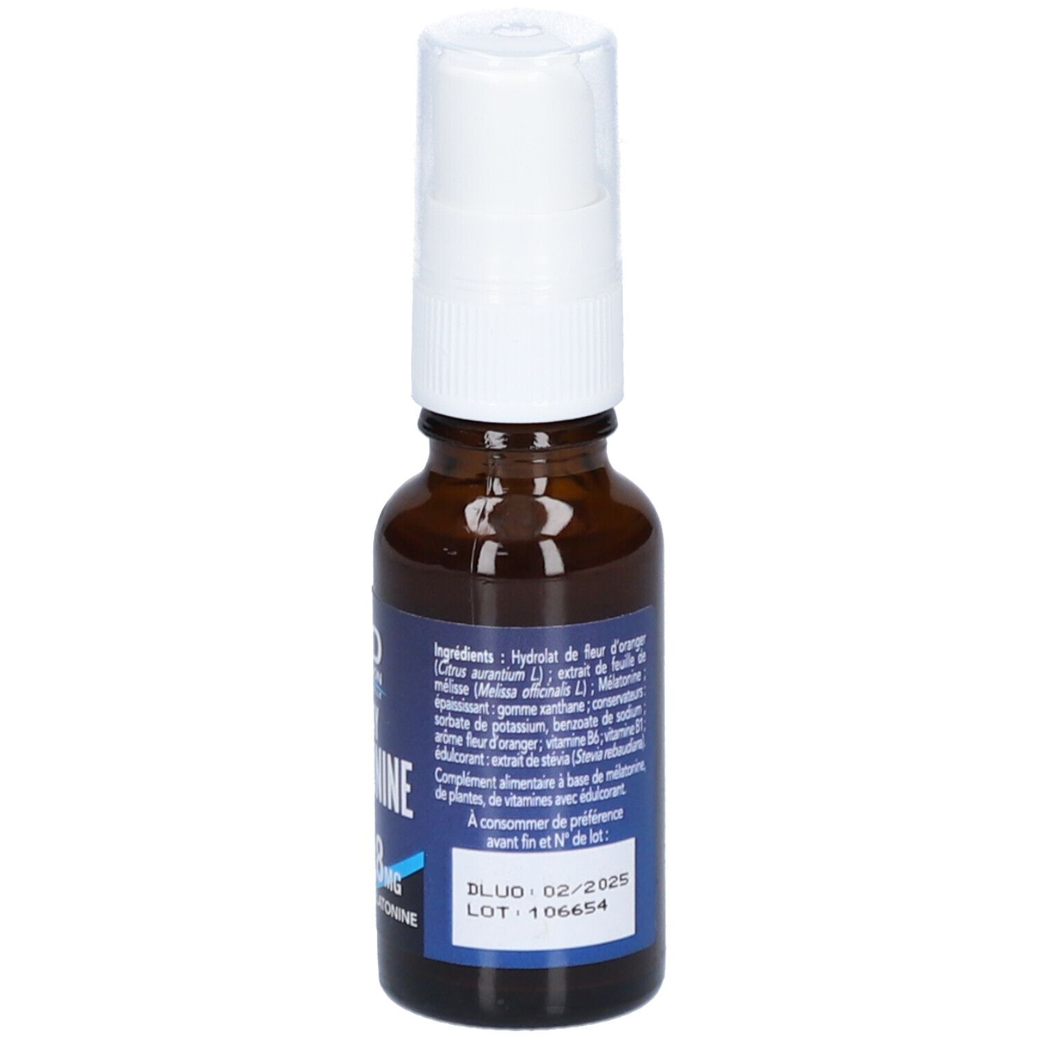 Flacon en verre brun avec vaporisateur blanc. Inscription : S.I.D. Nutrition, Spray Mélatonine, liste des ingrédients, date de péremption.