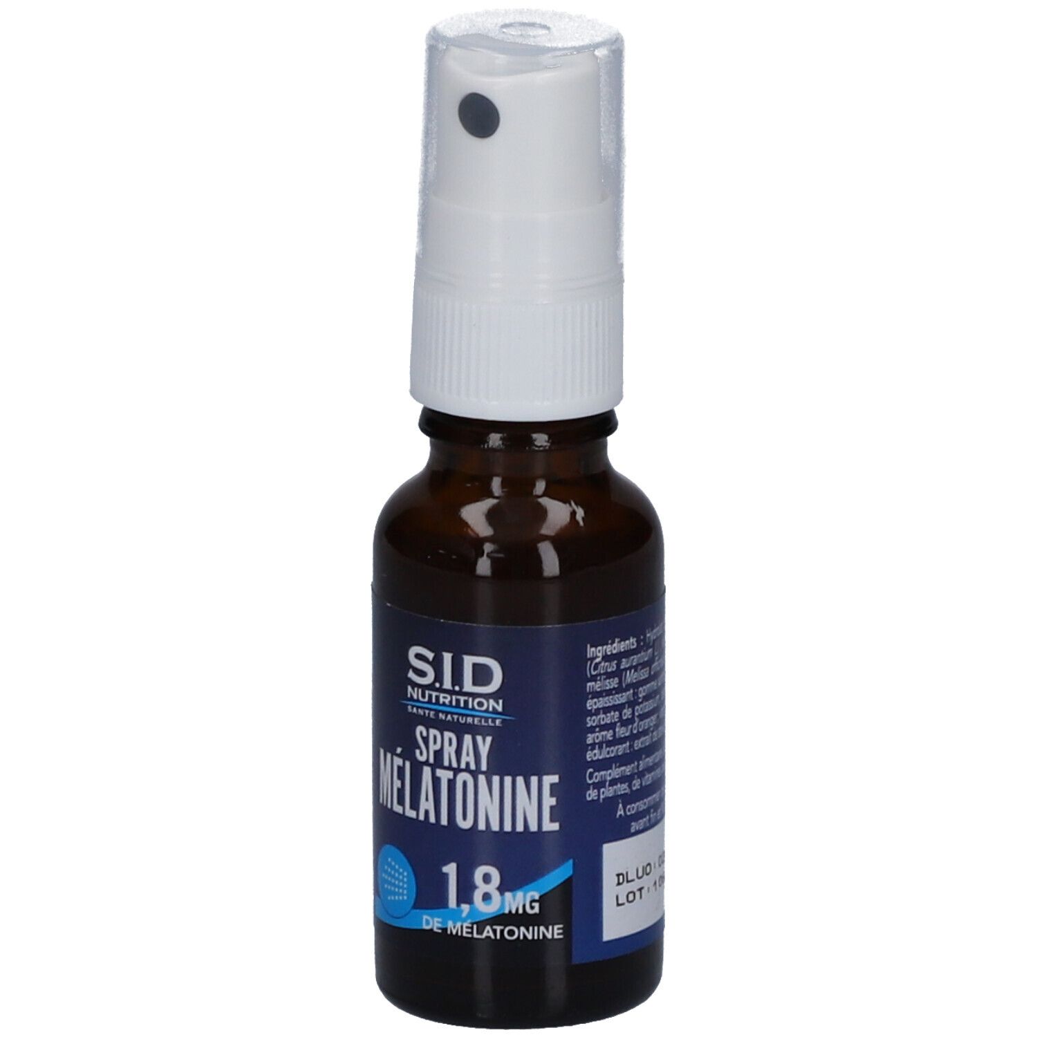 Flacon en verre brun avec vaporisateur blanc. Inscription : S.I.D. Nutrition, Spray Mélatonine, 1,8 mg de mélatonine.