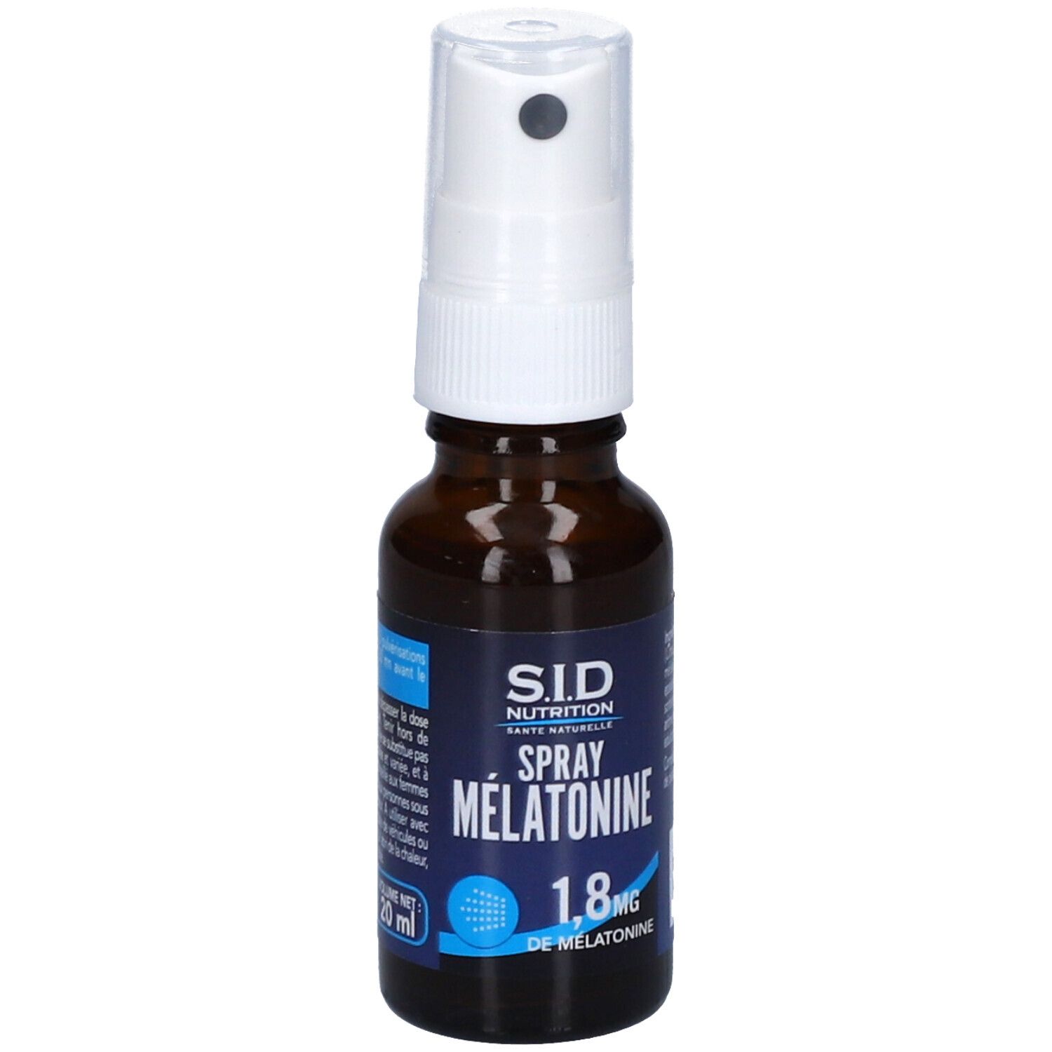 Flacon en verre brun avec vaporisateur blanc. Inscription : S.I.D. Nutrition, Spray Mélatonine, 1,8 mg de mélatonine, 20 ml.