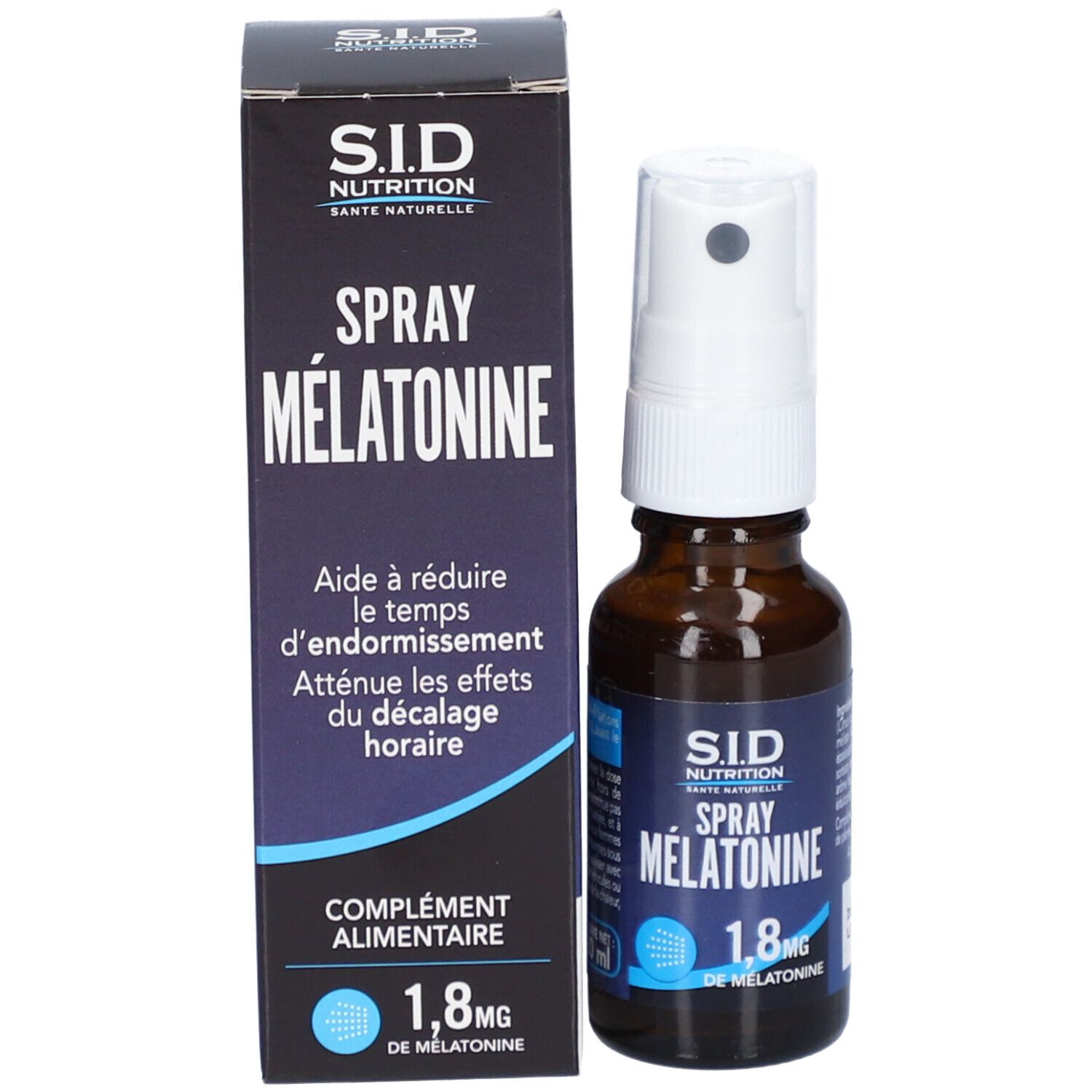 Emballage du produit avec flacon et vaporisateur. Inscription : S.I.D. Nutrition, Spray Mélatonine, 1,8 mg de mélatonine.