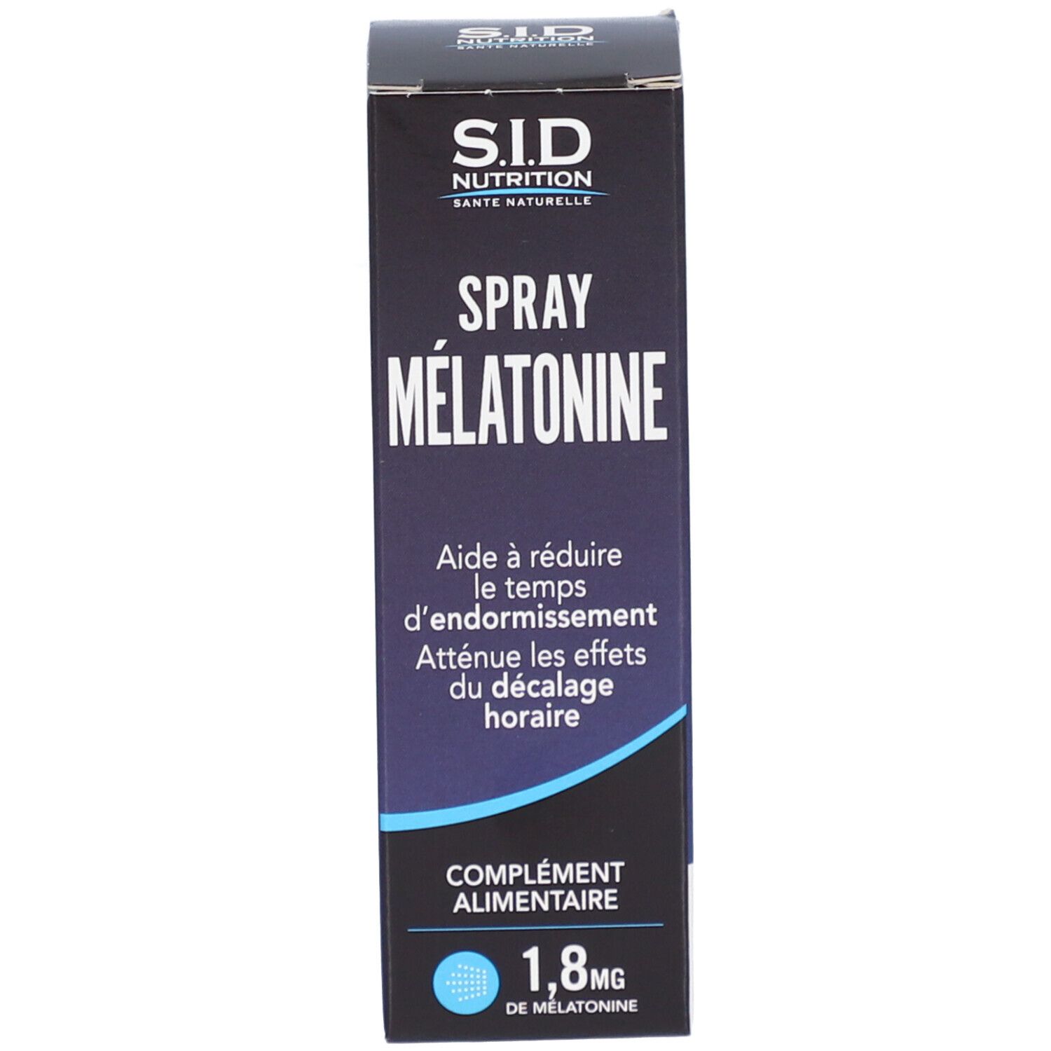 Emballage du produit. Inscription : S.I.D. Nutrition, Spray Mélatonine, 1,8 mg de mélatonine, informations complémentaires.