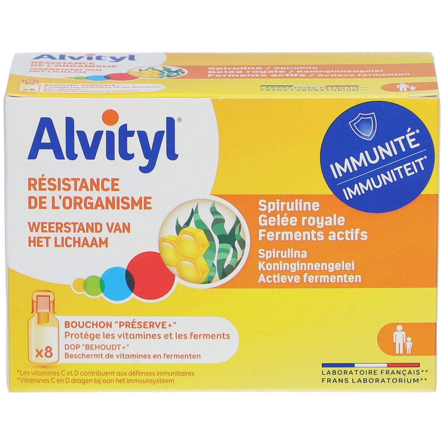 Boîte jaune Alvityl. Texte: Résistance de l'organisme, Spiruline, Gelée royale, 8 flacons. Logo Immunité.