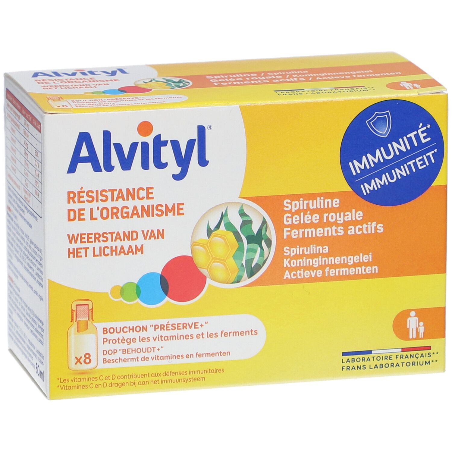Boîte jaune Alvityl. Texte: Résistance de l'organisme, Spiruline, Gelée royale, 8 flacons. Logo Immunité.