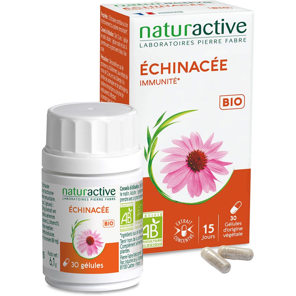 Naturactive Echinacée BIO. Flacon et boîte. 30 gélules. Certification AB. Vegan.