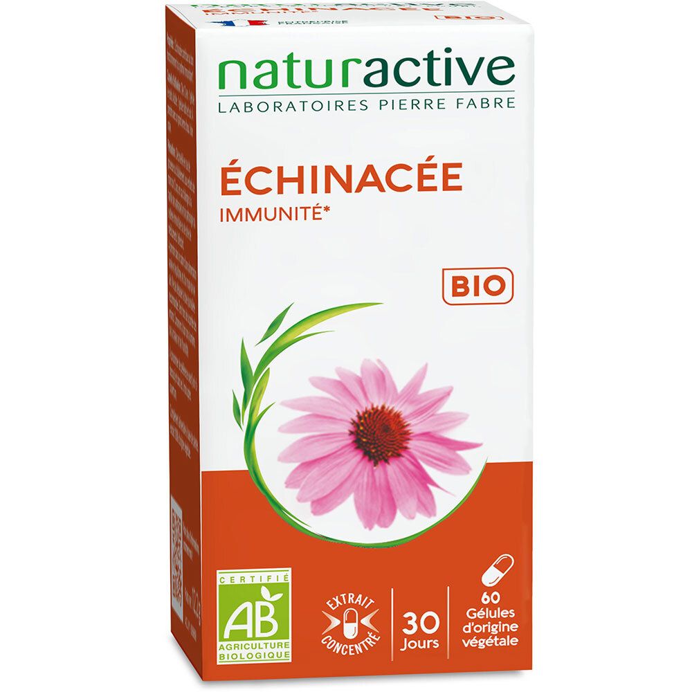 Boîte naturactive Echinacée BIO. 30 jours. 60 gélules. Certification AB. Extrait concentré. Vegan.