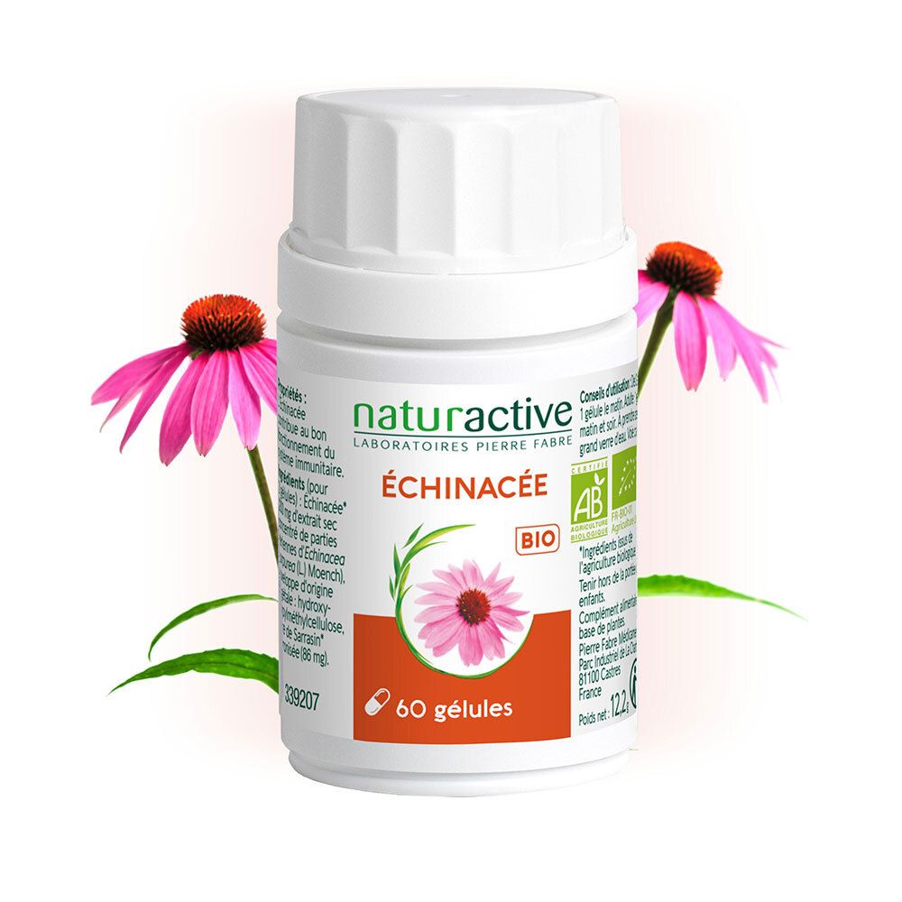 Flacon blanc naturactive Echinacée BIO. 60 gélules. Certification AB. Vegan. Deux fleurs roses.