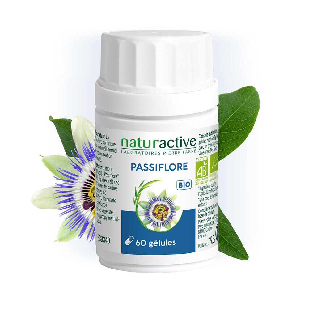 Flacon Passiflore BIO. 60 gélules. Certification AB Bio. Vegan. Feuilles et fleur.