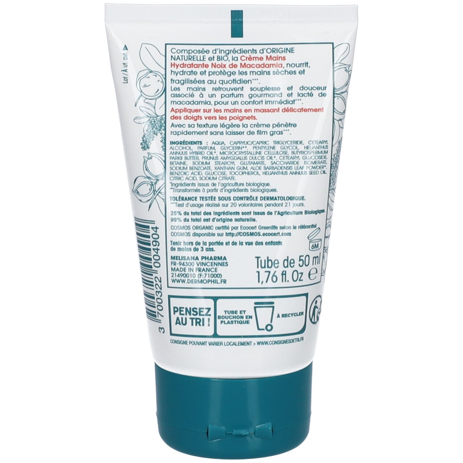 DERMOPHIL Crème Mains Bio Hydratante Noix de Macadamia