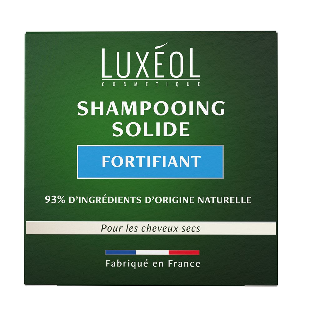 Boîte verte LUXÉOL. Texte: SHAMPOOING SOLIDE FORTIFIANT. 93% d'ingrédients naturels. Fabriqué en France.