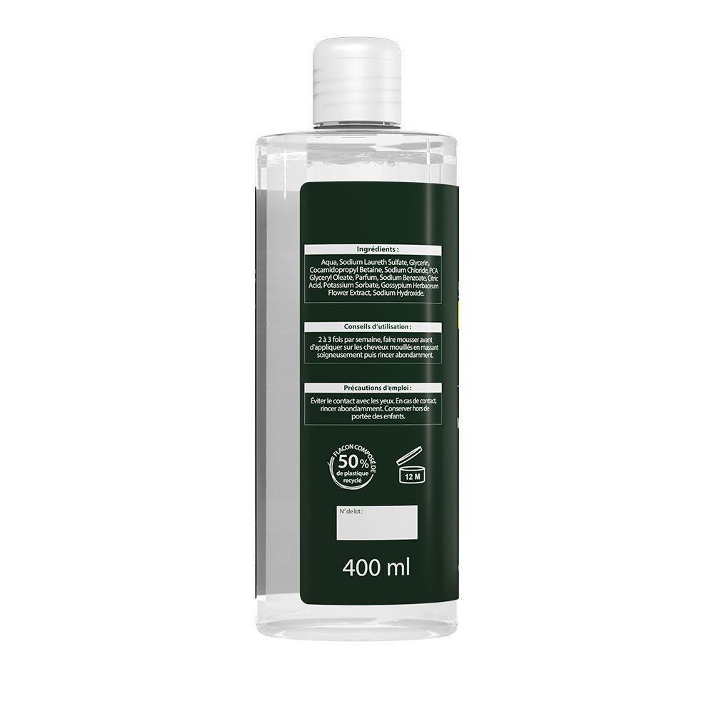 Dos du flacon de shampooing. Ingrédients et instructions d'utilisation. 400 ml. 50% de matériaux recyclés. Symbole 12M.