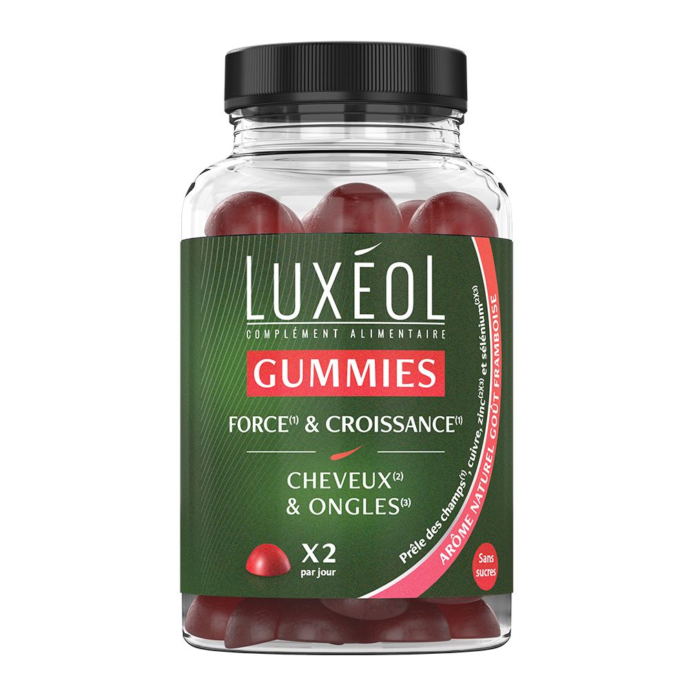 Flacon transparent de gummies rouges LUXÉOL. Inscription: Gummies, Force & Croissance, Cheveux & Ongles. Bouchon noir.
