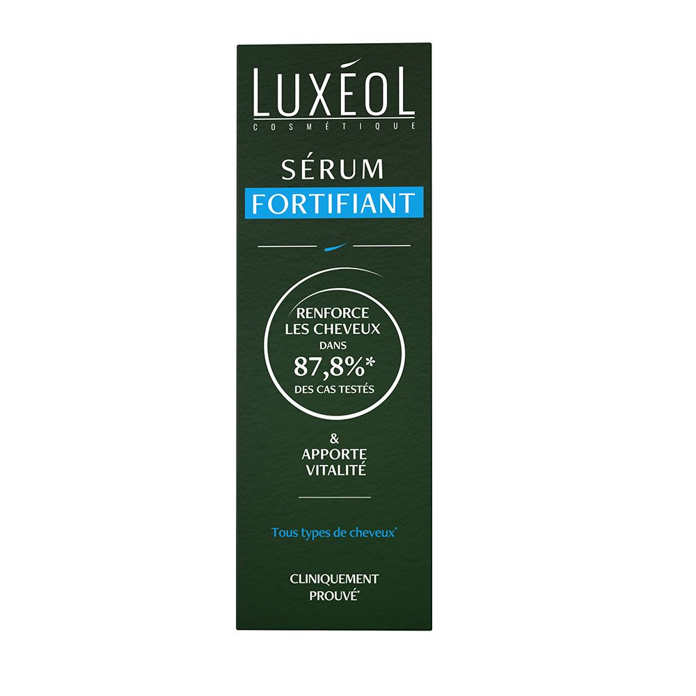 Boîte verte. LUXÉOL Sérum Fortifiant. Texte: Renforce les cheveux, 87,8% des cas testés. Cliniquement prouvé.