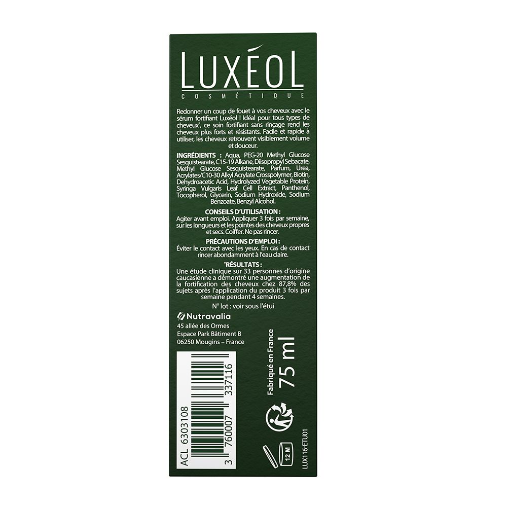 Dos de la boîte verte. Texte: Ingrédients, conseils d'utilisation, précautions, résultats, 75 ml.