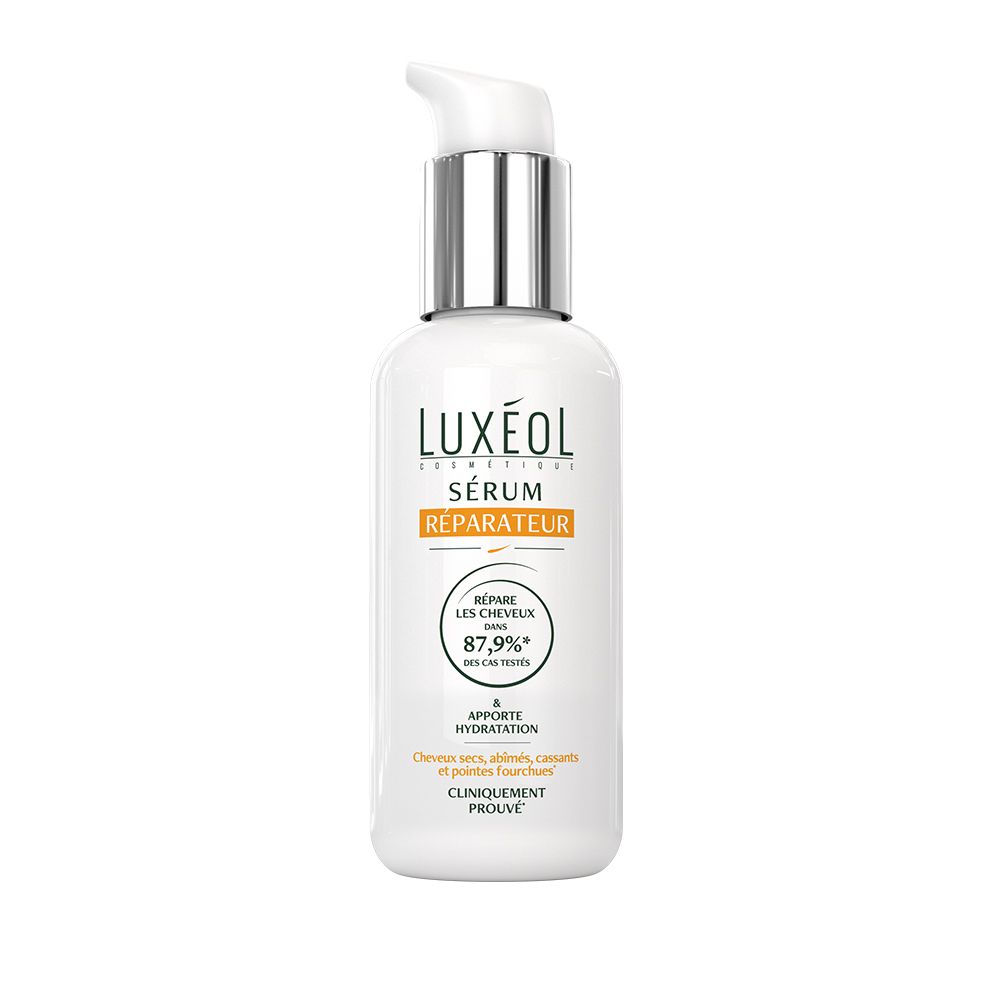 Flacon blanc avec pompe pour LUXÉOL Sérum Réparateur, 75 ml.
