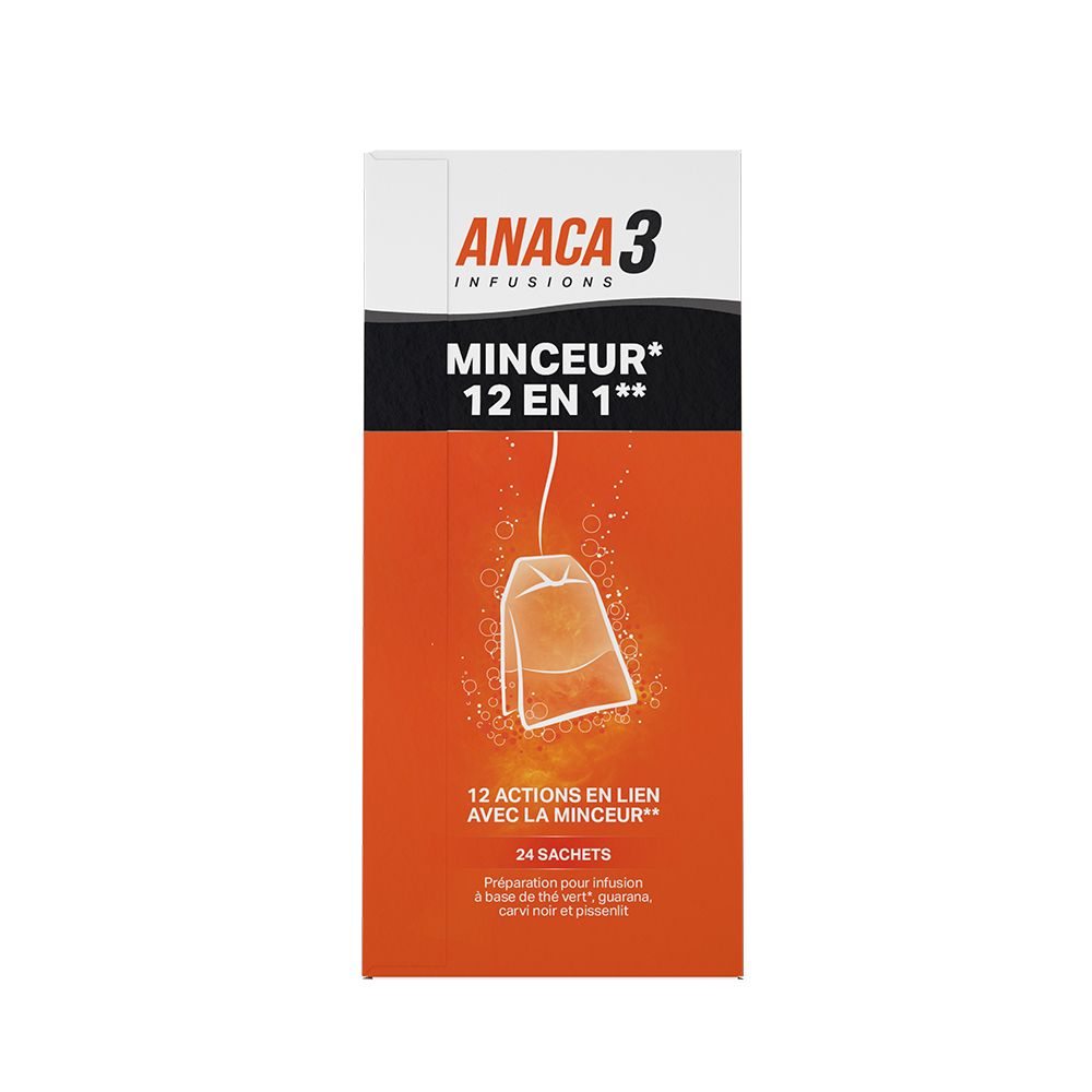 Boîte ANACA3 Infusion Minceur 12 en 1. Design orange et blanc. Illustration de sachet de thé. 24 sachets. Texte en français.