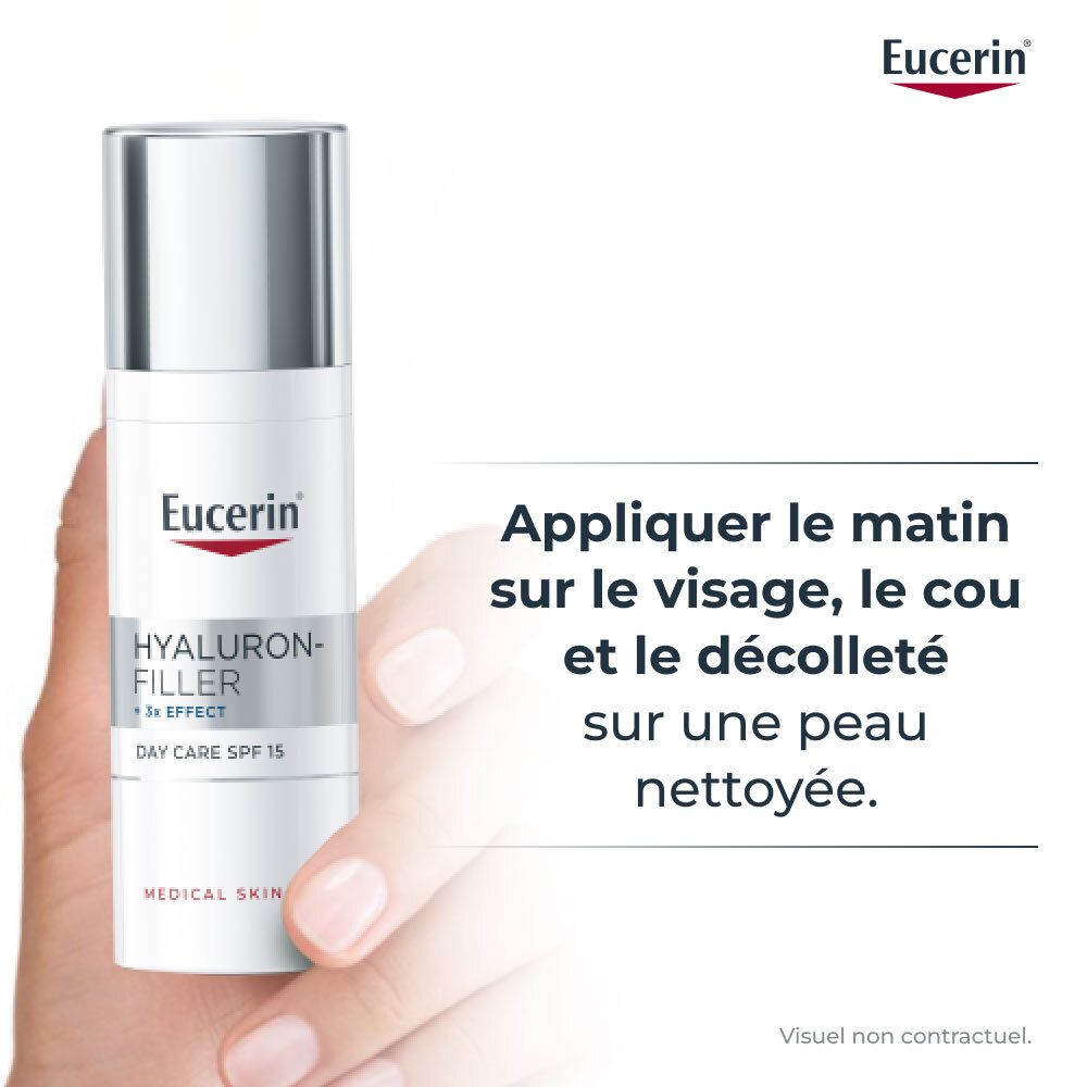 Main tenant un flacon. Texte: Appliquer le matin sur le visage, le cou et le décolleté. Logo Eucerin.